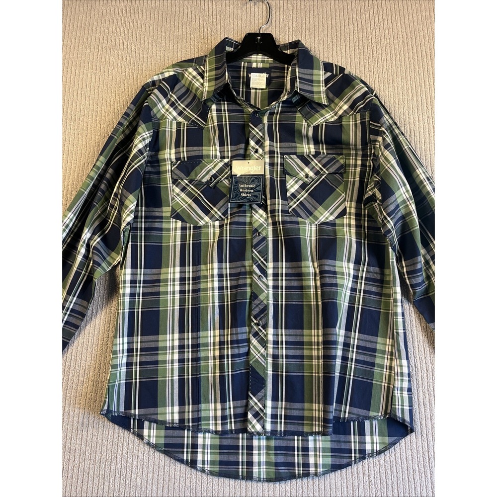 Wrangler Shirt Men's L Blue Green Pearl Snap Sawtooth Pockets New Long Sleeve